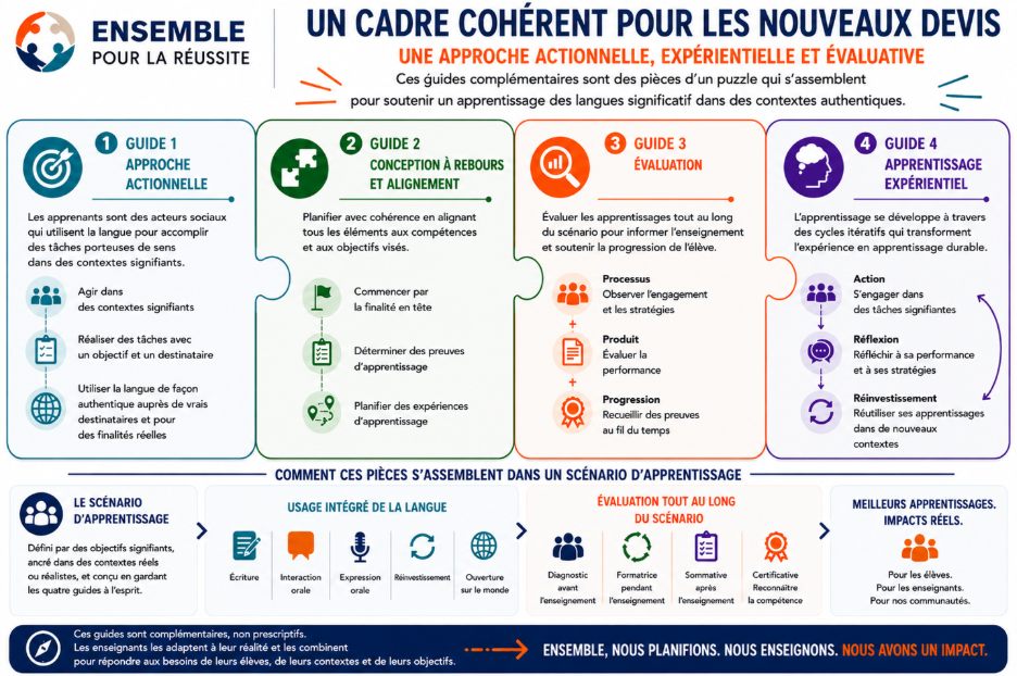Un cadre cohérent pour les nouveaux devis montrant l’approche actionnelle, la planification à rebours et l’alignement, l’évaluation et l’apprentissage expérientiel comme guides complémentaires.